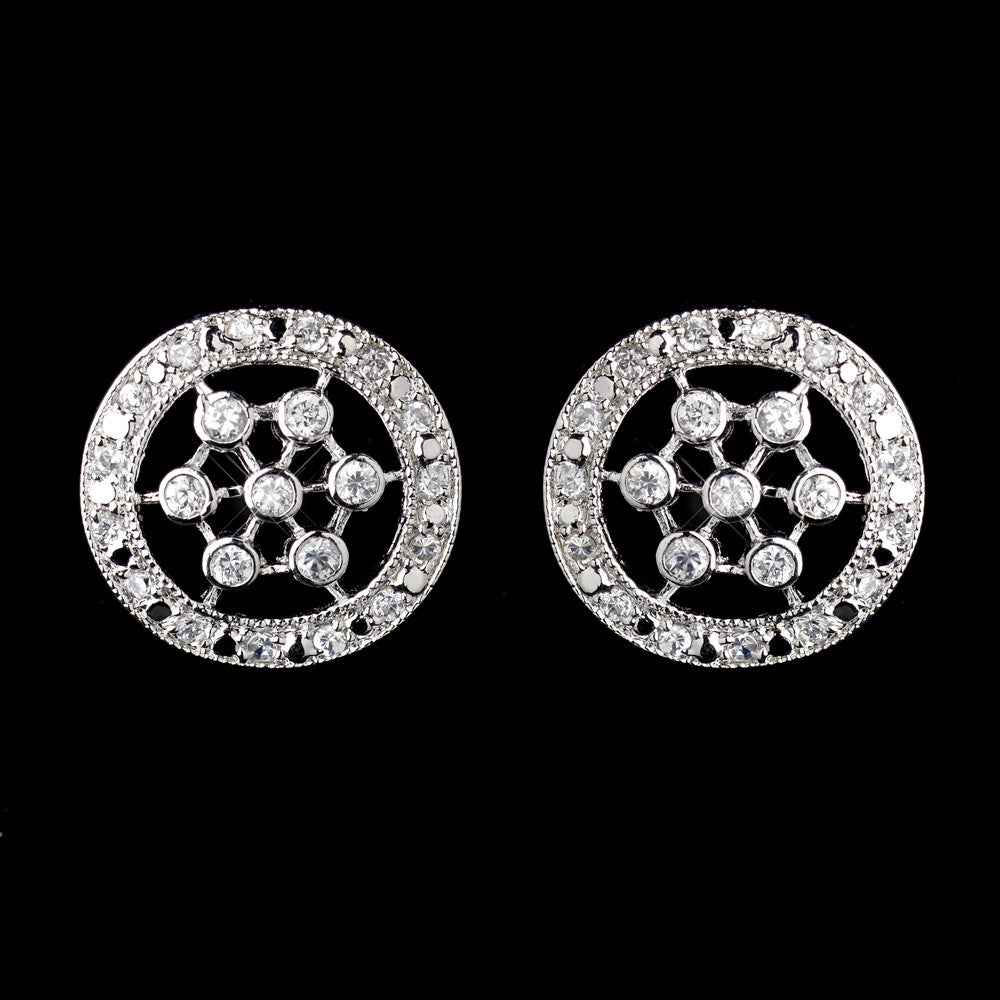 Antique Silver Clear CZ Round Crystal Stud Bridal Wedding Earrings 5214