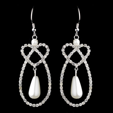 Silver White Pearl & Rhinestone Dangle Twist Heart Bridal Wedding Earrings 5279
