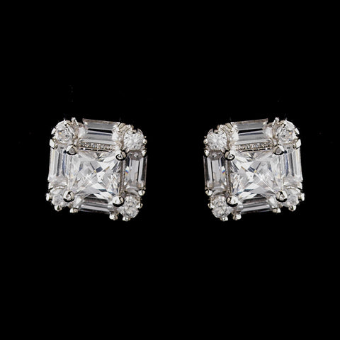 Antique Silver Rhodium Clear Princess CZ Crystal Stud Bridal Wedding Earrings 5562