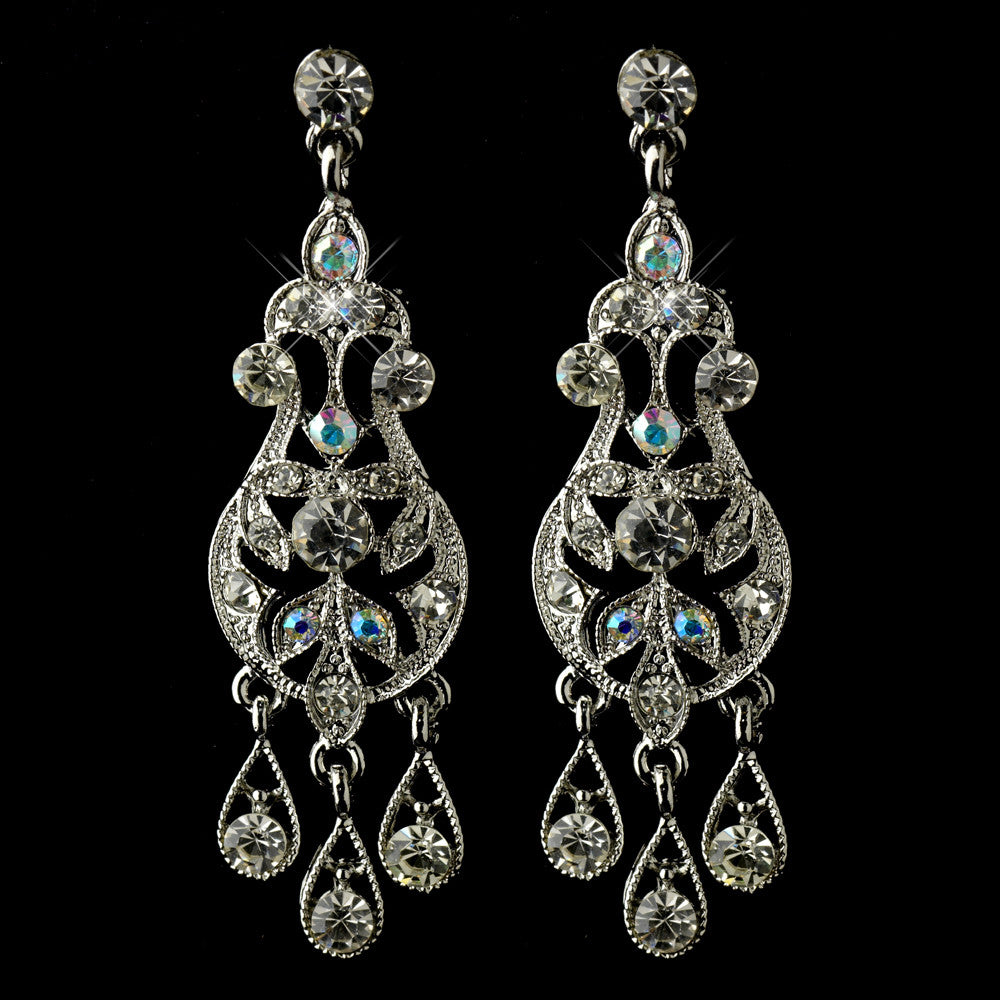 Antique Rhodium Silver AB & Clear Rhinestone Chandelier Bridal Wedding Earrings 6386