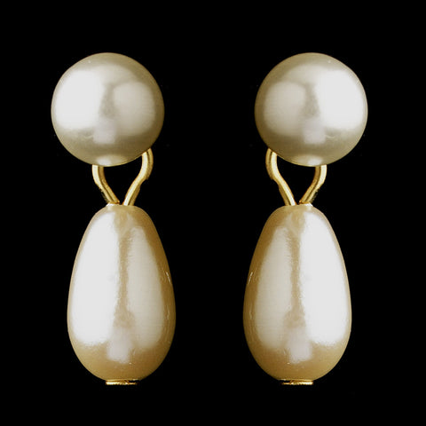 Gold Ivory Glass Pearl Dangle Bridal Wedding Earrings 7062