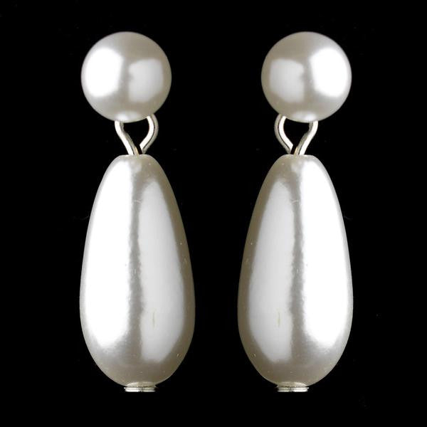 Silver White Glass Pearl Dangle Bridal Wedding Earrings 7062