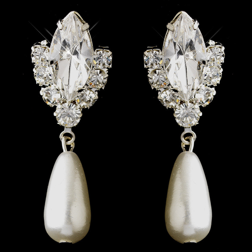 Silver White Glass Pearl & Clear Marquise Rhinestone Bridal Wedding Earrings 7131