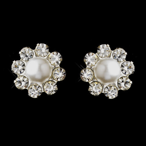 Silver White Glass Pearl & Clear Rhinestone Stud Bridal Wedding Earrings 7202