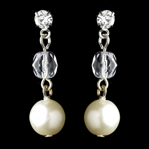 Silver White Pearl & Rhinestone Drop Bridal Wedding Earrings 8206