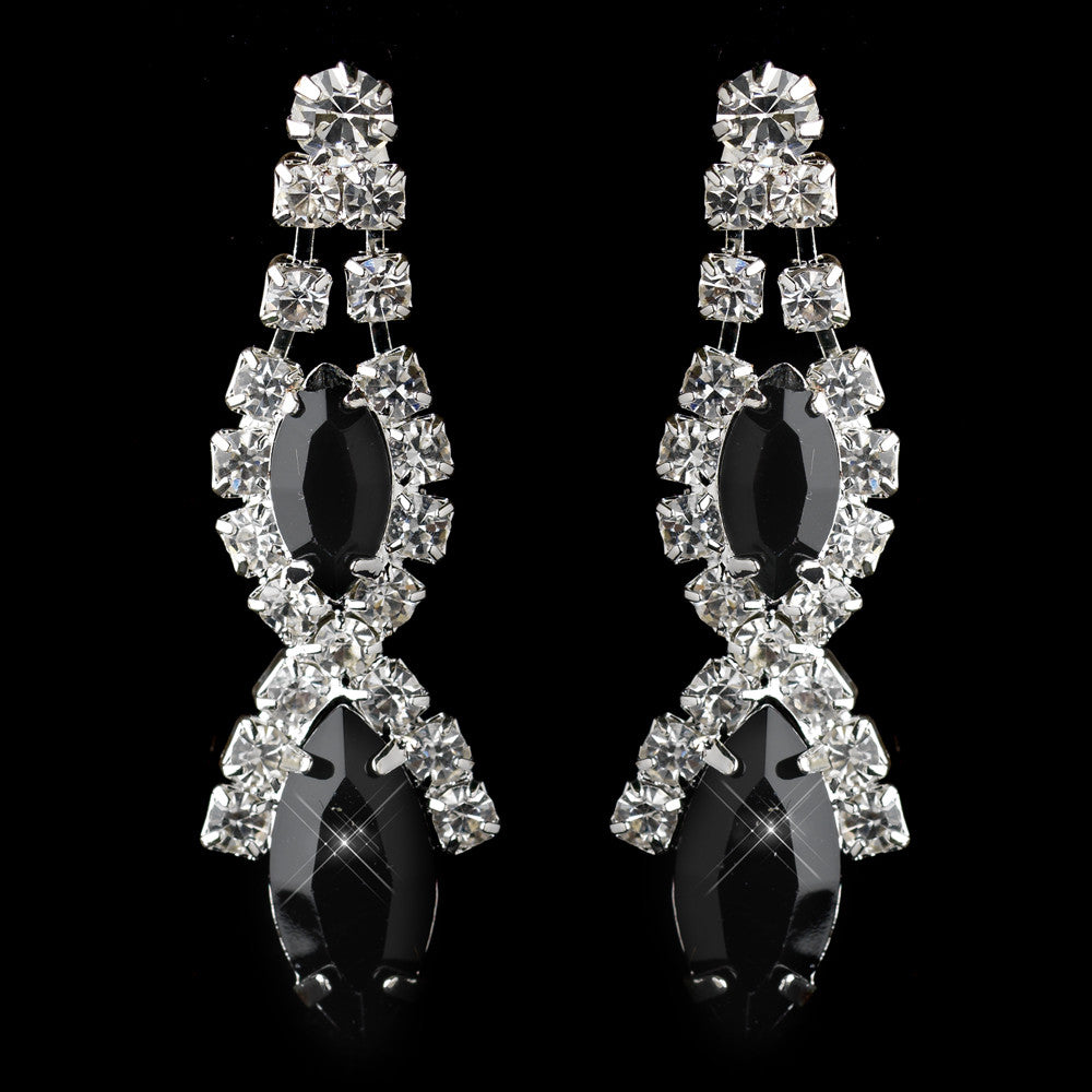 Silver Black Marquise Rhinestone Drop Bridal Wedding Earrings 8361