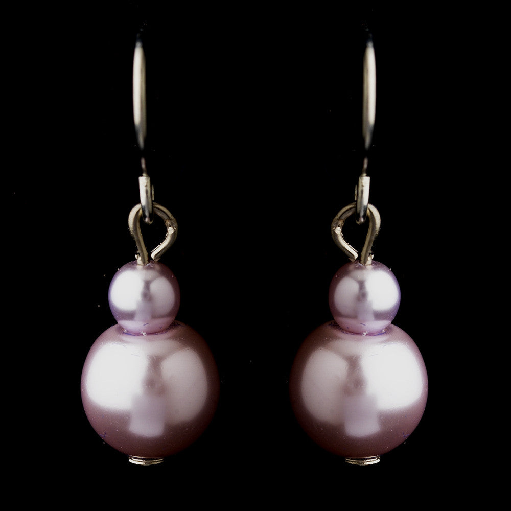 Silver Light Amethyst Glass Pearl Drop Bridal Wedding Earrings 8601