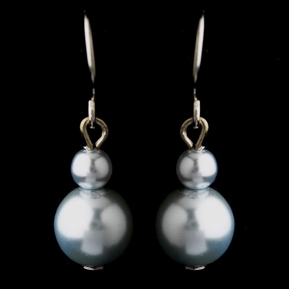 Silver Light Blue Glass Pearl Drop Bridal Wedding Earrings 8601
