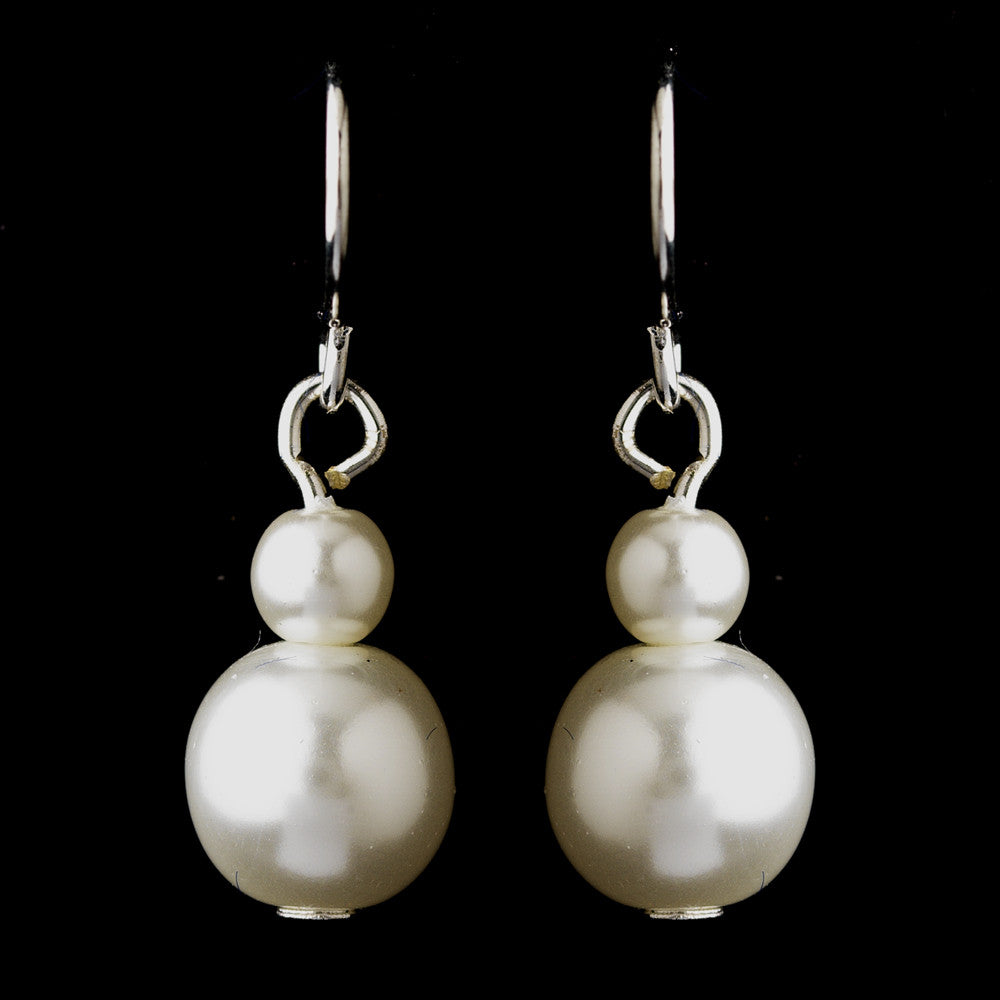 Silver White Glass Pearl Drop Bridal Wedding Earrings 8601