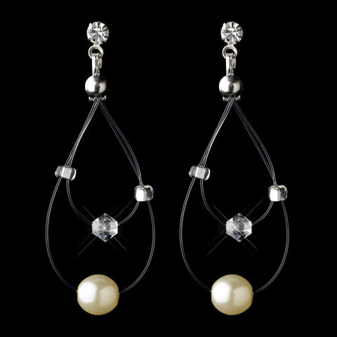 Silver Ivory Pearl Illusion Dangle Bridal Wedding Earrings 8607