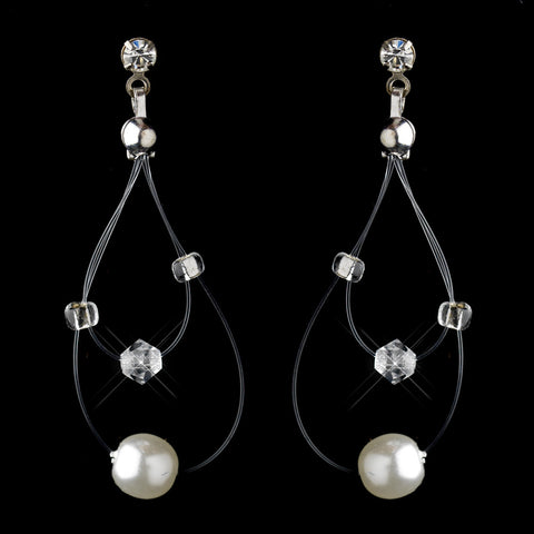 Silver White Pearl Illusion Dangle Bridal Wedding Earrings 8607