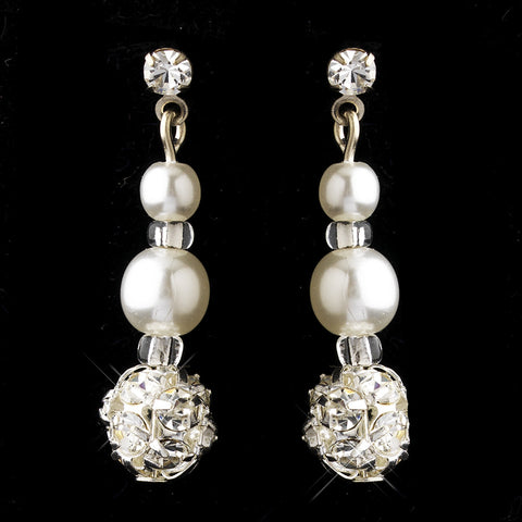 Silver White Czech Pearl & Clear Rhinestone Drop Pierced Bridal Wedding Earrings 8609