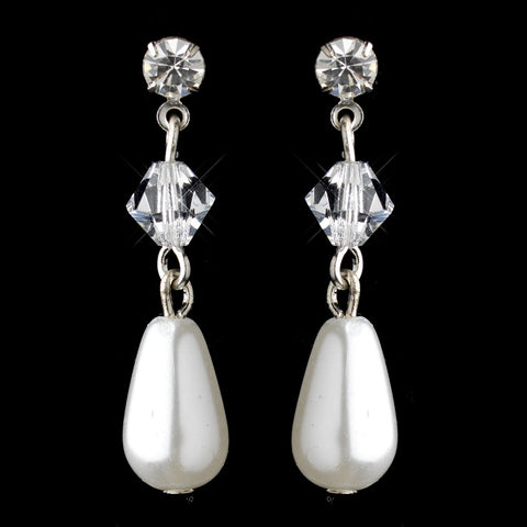Silver White Czech Pearl, Swarovski Crystal and Rhinestone Drop  Bridal Wedding Earrings 8650