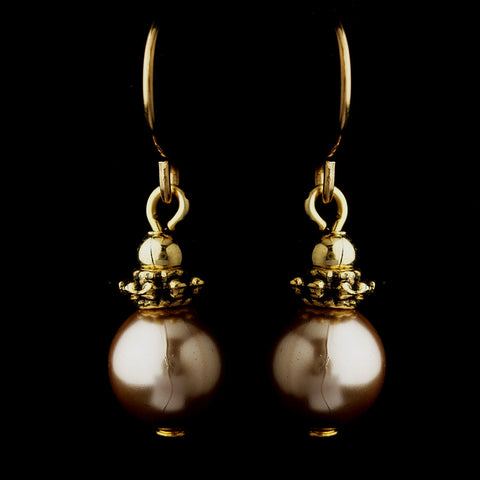 Gold Light Brown Glass Pearl & Bali Bead Drop Bridal Wedding Earrings 8662