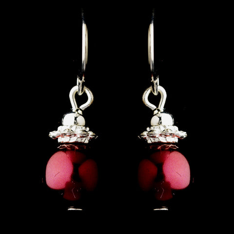 Silver Burgundy Glass Pearl & Bali Bead Drop Bridal Wedding Earrings 8662