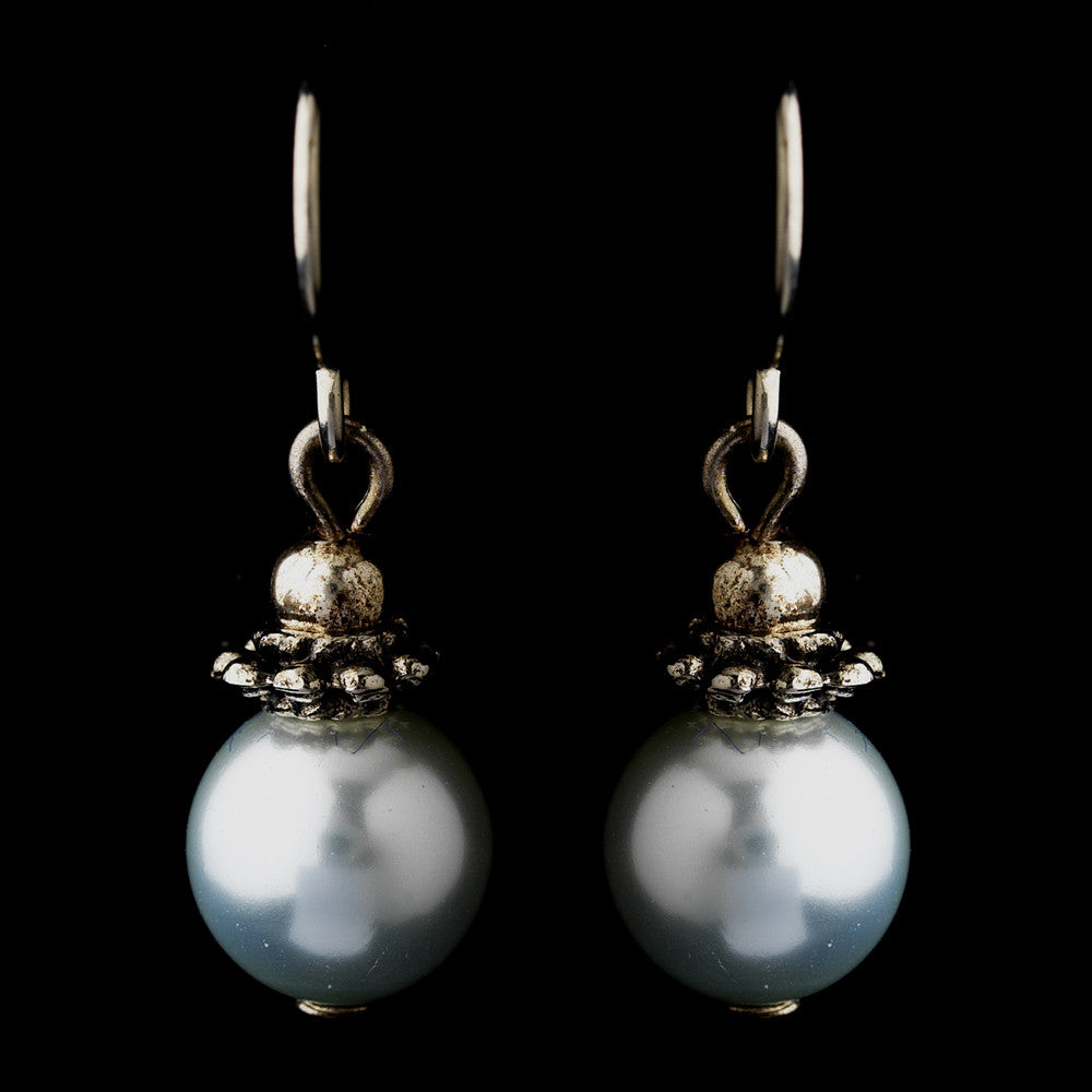 Silver Light Blue Glass Pearl & Bali Bead Drop Bridal Wedding Earrings 8662