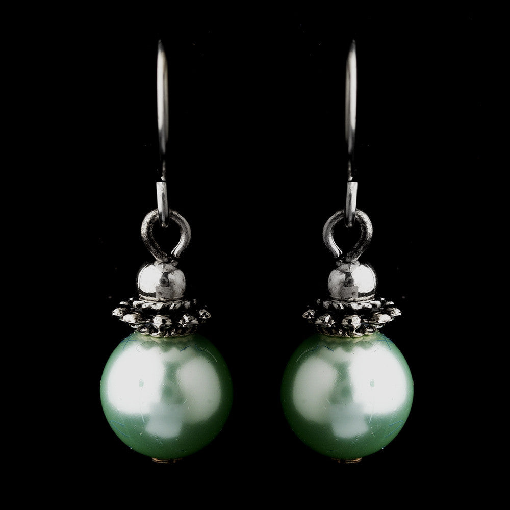 Silver Peridot Glass Pearl & Bali Bead Drop Bridal Wedding Earrings 8662