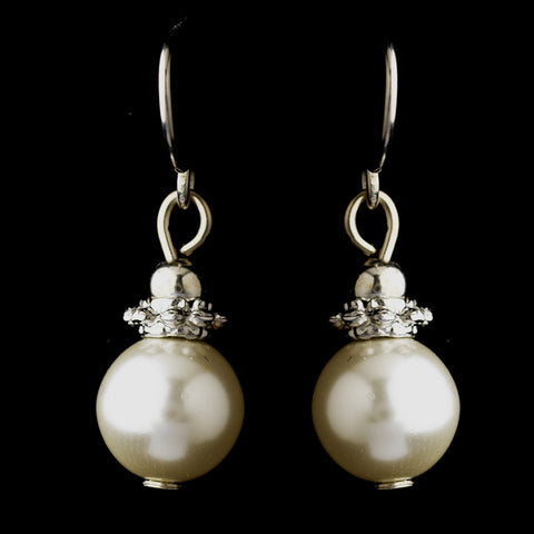 Silver White Glass Pearl & Bali Bead Drop Bridal Wedding Earrings 8662