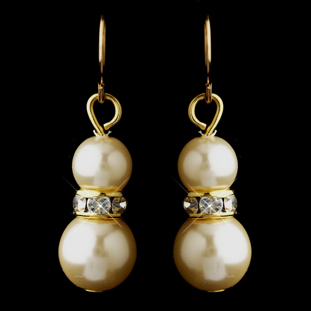 Gold Ivory Czech Glass Pearl & Rhinestone Rondelle Drop Bridal Wedding Earrings 8667