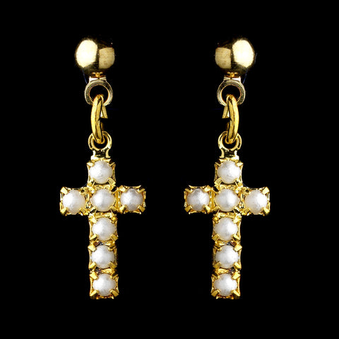 Gold White Pearl Cross Dangle Bridal Wedding Earrings 8684