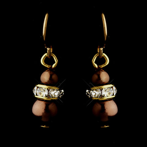 Gold Brown Czech Pearl & Clear Rhinestone Rondelle Drop Bridal Wedding Earrings 8805