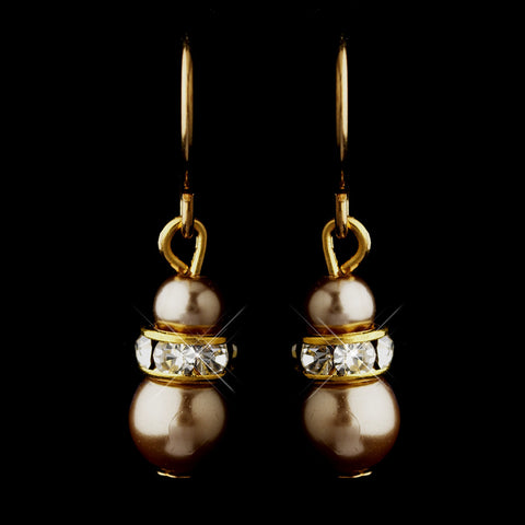 Gold Light Brown Czech Pearl & Clear Rhinestone Rondelle Drop Bridal Wedding Earrings 8805