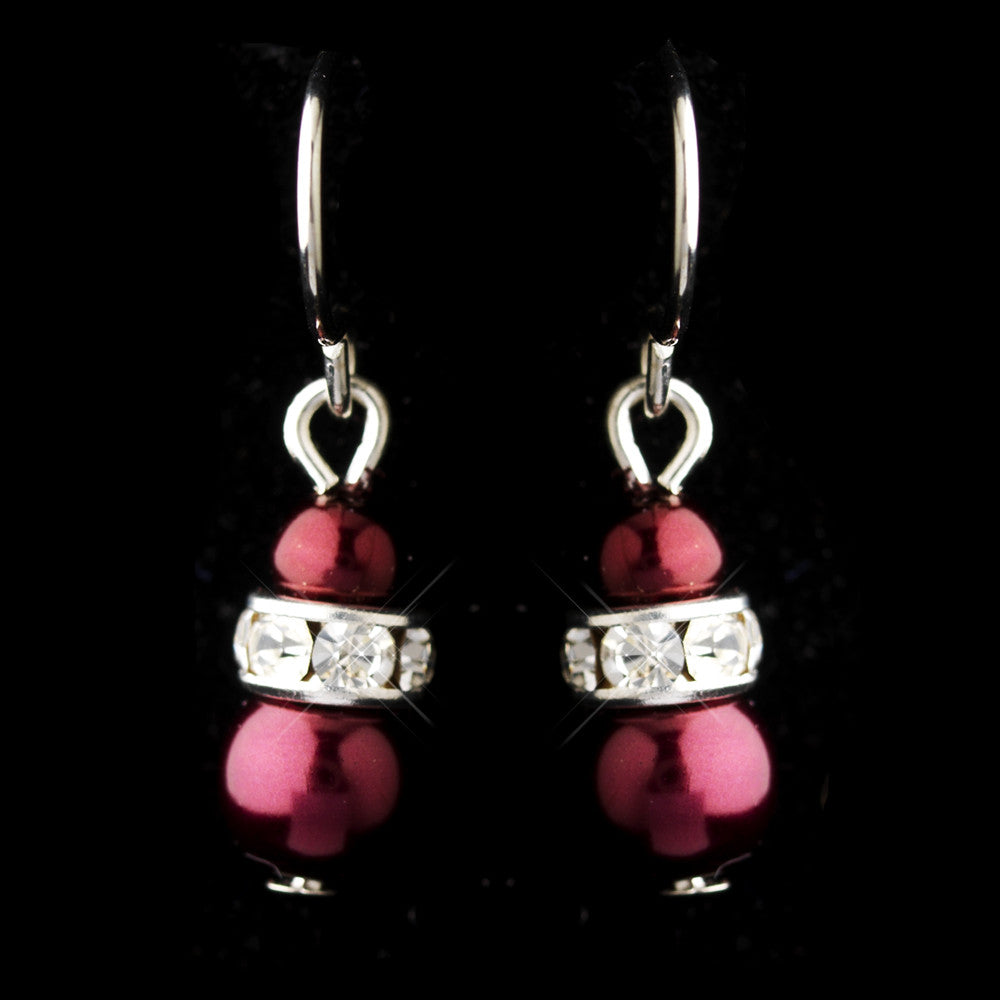 Silver Burgundy Czech Pearl & Clear Rhinestone Rondelle Drop Bridal Wedding Earrings 8805