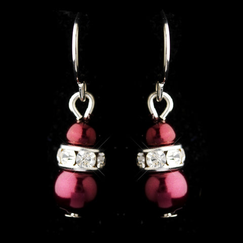 Silver Burgundy Czech Pearl & Clear Rhinestone Rondelle Drop Bridal Wedding Earrings 8805