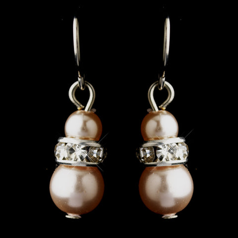 Silver Pink Czech Pearl & Clear Rhinestone Rondelle Drop Bridal Wedding Earrings 8805