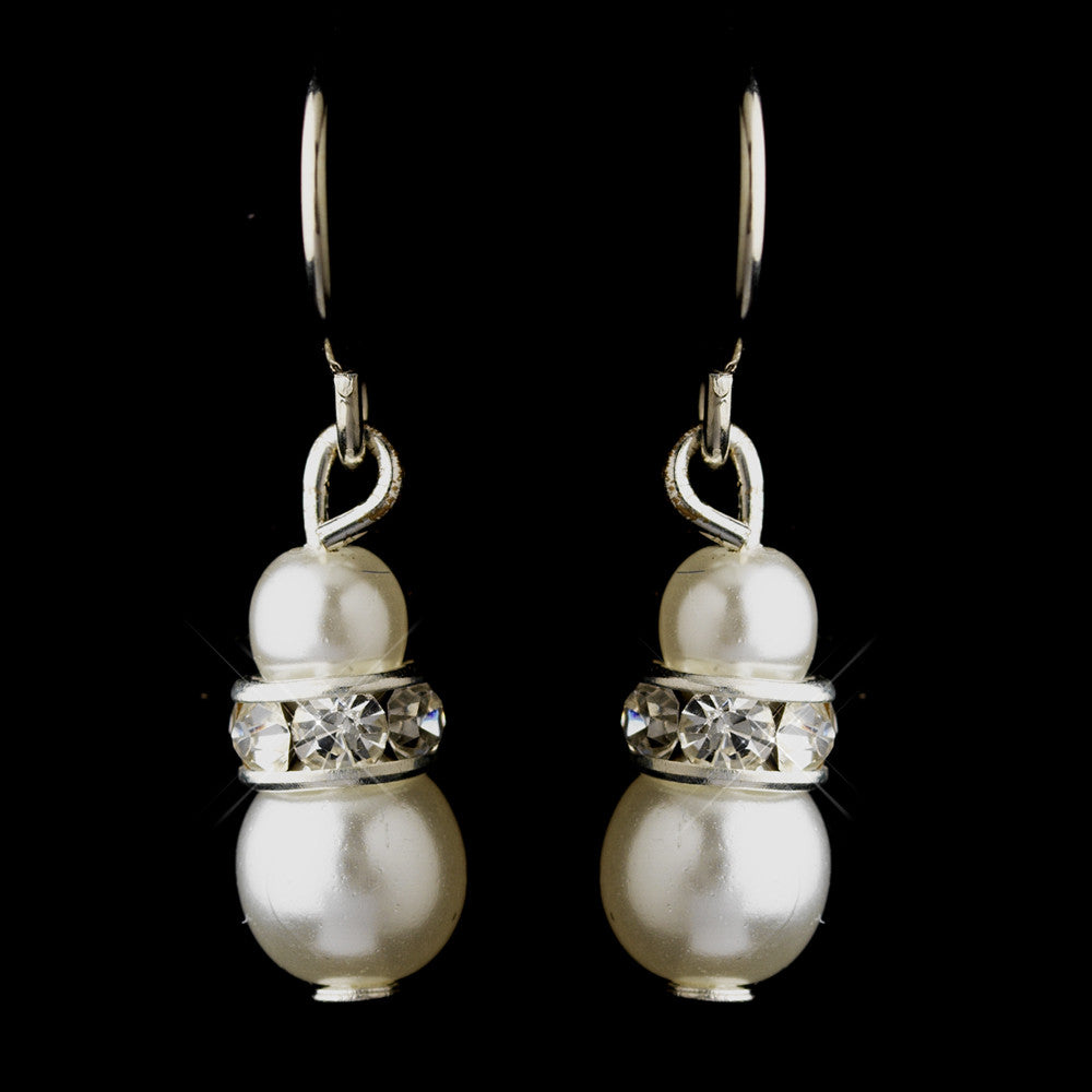 Silver White Czech Pearl & Clear Rhinestone Rondelle Drop Bridal Wedding Earrings 8805