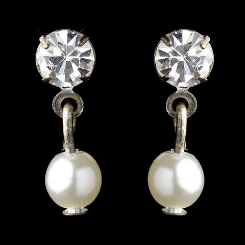 Silver White Pearl & Round Rhinestone Drop Bridal Wedding Earrings 8820