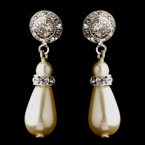 Silver Ivory Glass Pearl & Rhinestone Drop Bridal Wedding Earrings 8827