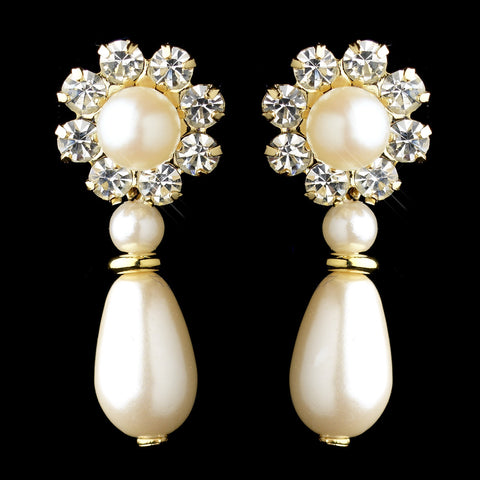 Gold Ivory Pearl & Clear Rhinestone Floral Drop Bridal Wedding Earrings 9061