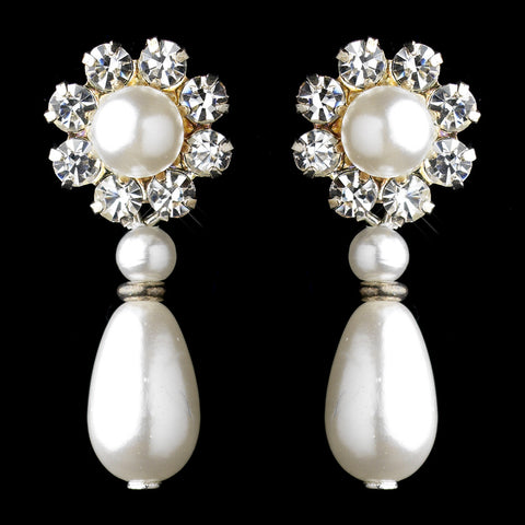 Silver White Pearl & Clear Rhinestone Floral Drop Bridal Wedding Earrings 9061