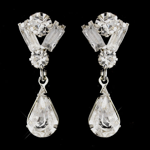 Silver Clear Round, Baguette and Teardrop Rhinestone Drop Pierced Bridal Wedding Earrings 9182