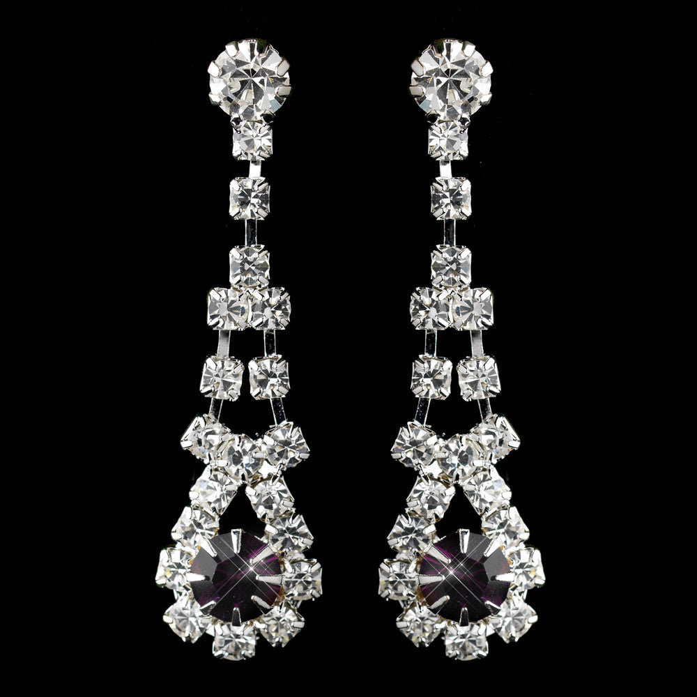 Silver Amethyst & Clear Rhinestone Dangle Bridal Wedding Earrings 9381
