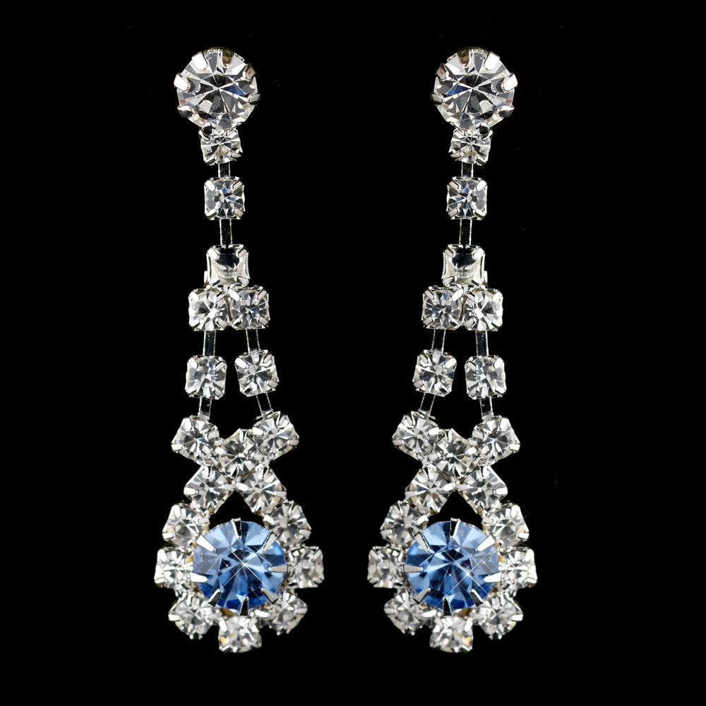 Silver Light Blue & Clear Rhinestone Dangle Bridal Wedding Earrings 9381