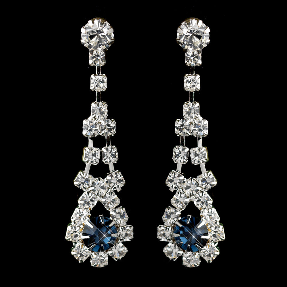 Silver Navy & Clear Rhinestone Dangle Bridal Wedding Earrings 9381