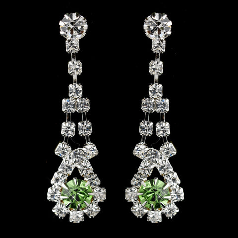 Silver Peridot & Clear Rhinestone Dangle Bridal Wedding Earrings 9381