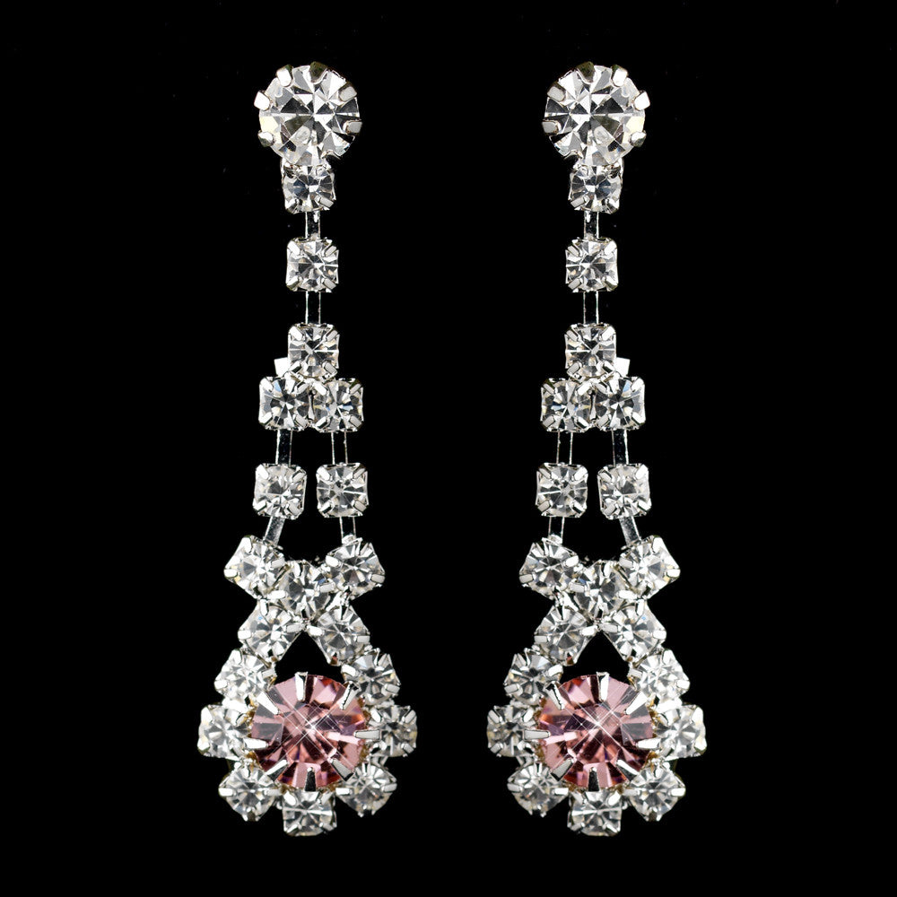 Silver Pink & Clear Rhinestone Dangle Bridal Wedding Earrings 9381