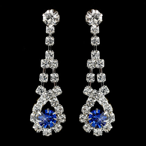 Silver Sapphire & Clear Rhinestone Dangle Bridal Wedding Earrings 9381