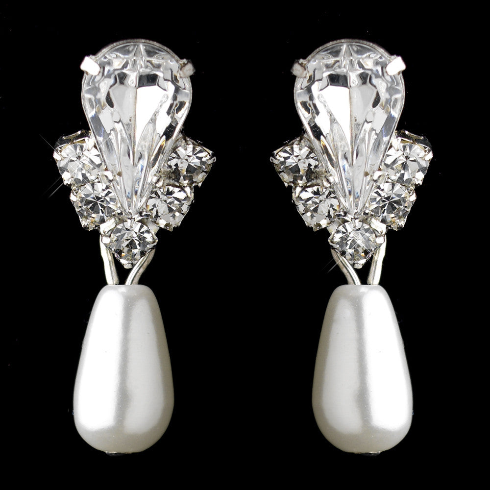 Silver White Pearl & Clear Teardrop Rhinestone Drop Bridal Wedding Earrings 9631