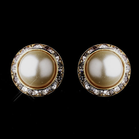 Gold Ivory Pearls & Clear Round Rhinestone Rondelle Stud Bridal Wedding Earrings 9932