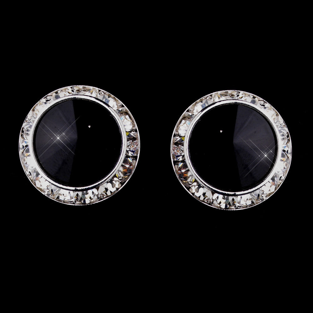 Silver Black Round Rhinestone Rondelle Stud Bridal Wedding Earrings 9932