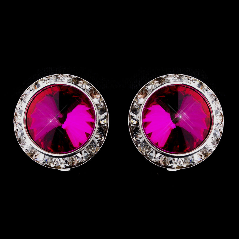 Silver Fuchsia Round Rhinestone Rondelle Stud Bridal Wedding Earrings 9932