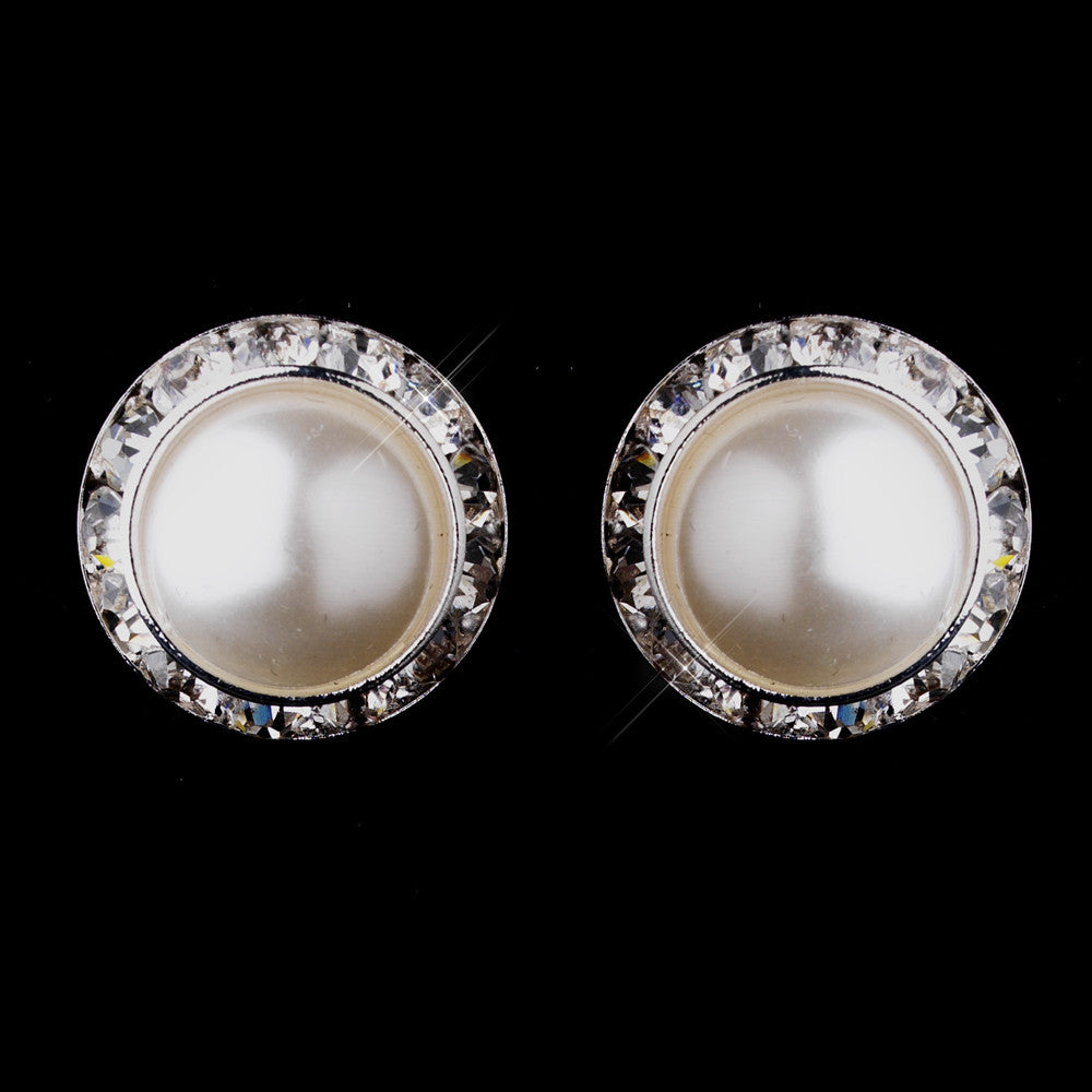 Silver White Pearl & Clear Round Rhinestone Rondelle Stud Bridal Wedding Earrings 9932