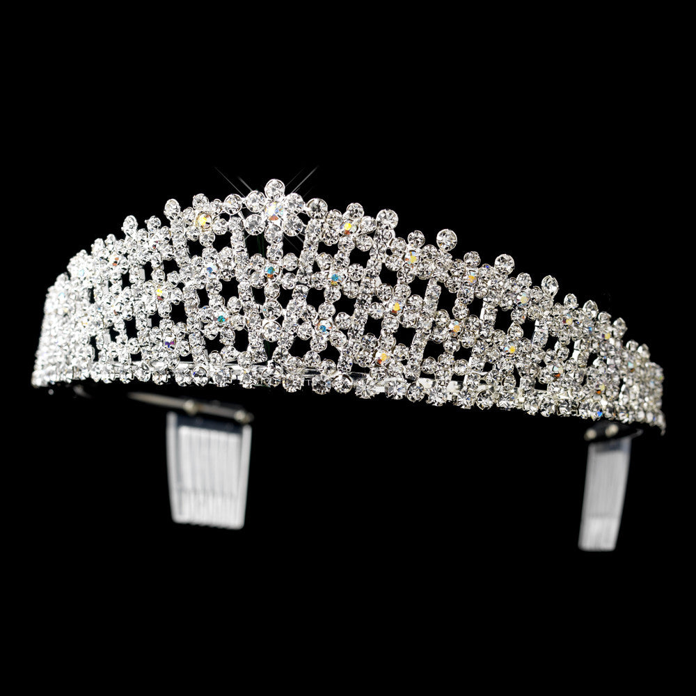 Silver AB & Clear Round 3 Row Rhinestone Bridal Wedding Tiara Headpiece 0792