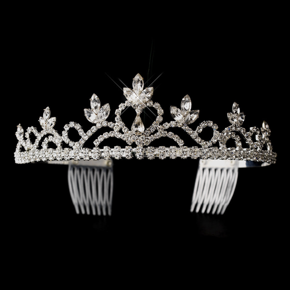 Silver Clear Navette & Round Rhinestone Heart Bridal Wedding Tiara Headpiece 1222