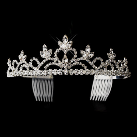 Silver Clear Navette & Round Rhinestone Heart Bridal Wedding Tiara Headpiece 1222