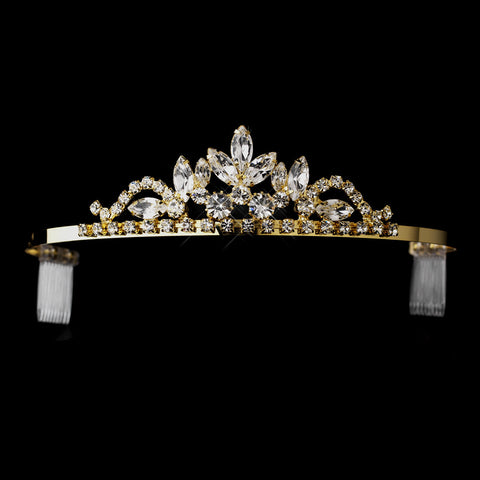 Gold Clear Navette & Round Rhinestone Bridal Wedding Tiara Headpiece 1918